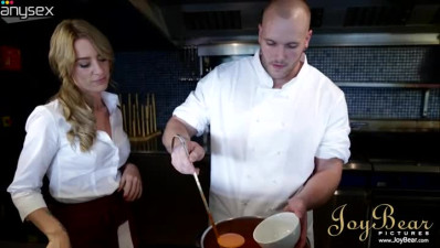 Bootyful blonde chief cook lures her assistant to ride his massive dick
