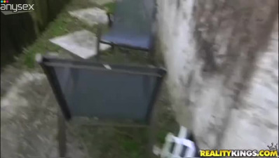 Dirty brunette bitch in pink top has nasty sex with her guy outdoors