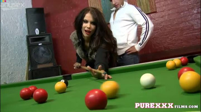 Sexy black haired bitch gets fucked in mish pose at billiard table