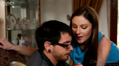 Hawt brunette sexploitress seduces horny guy and makes him lick her pussy