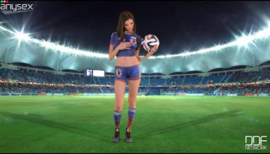 Bosomy Asian babe in blue football uniform shows off her petite sexy body