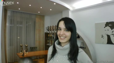 Adorable raven haired girl with big boobs blows big dick on POV video