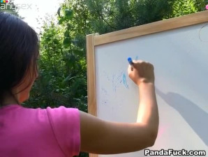 Sexy strap on fuck with young pretty faced artist outdoor