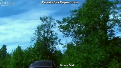 Brunette busty slut gives deep throat on the hood of car in extreme pose