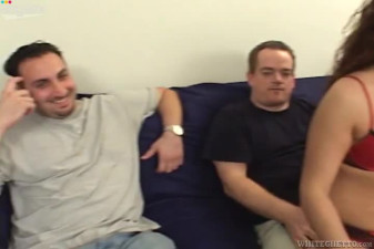 Two randy guys fucks one brunette in red lingerie