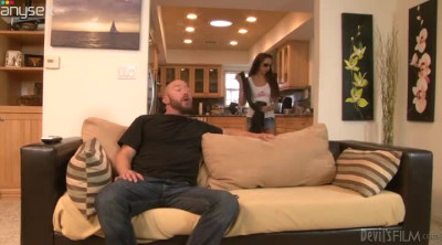 Cute and horny brunette whore gives hot blowjob to her lover