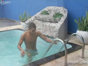 Curvaceous shemale hoe is giving a head by the poolside