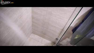 Skinny brunette showers with her horny boss
