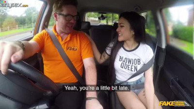Sweet teen brunette gives a nice head and rides her instructor's hard cock in a car