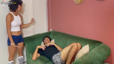 Hot Latina is bouncing on her stepbrother's cock. Cum in mouth