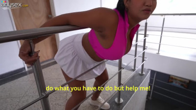 Seductive latina gets her pussy fucked by a horny stepbro while being stuck on the stairs