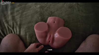 Guy was fucking a sex toy when suddenly a sexy girl appeared and asked him to fuck her