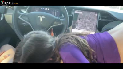 Sexy Slim Cutie Sucks & Rides Her BF's BWC Right In His Tesla Car Running On Autopilot