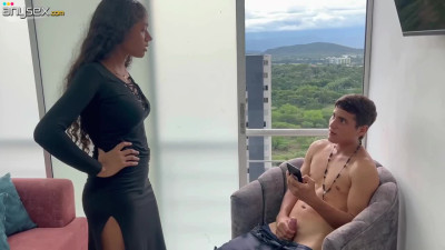 Perv Latina skinny step-sis jerks my cock while I'm watching porn