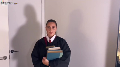 Grown-up and stacked Hermione bounces on Harry Potter's magic wand