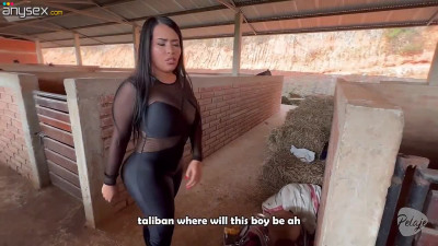 Curvy brunette lures him to the back of the stable to fuck