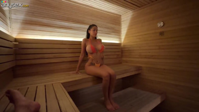 Stacked latina prostitute relaxes in sauna and works well visitor's hard dick