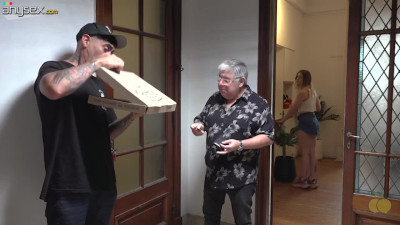 Unfaithful cute girl enjoys a pizza delivery guy