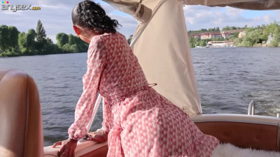 Sexy ebony girl masturbates in a yacht cabin. She teases her clit and moans in pleasure