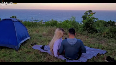 Risky couple enjoys sex on the sunset while camping