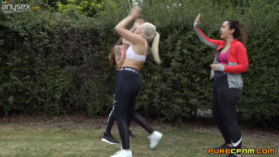Three horny skinny bitches in sportswear give blowjob to a stranger