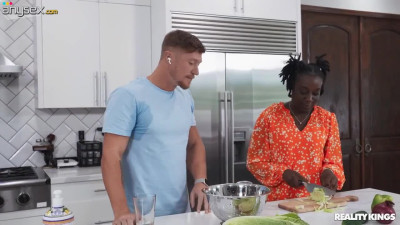 Horny ebony girl with nice body seduces a white man to fuck with his big cock