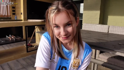 Argentina fan gets her tight fucking throat and pussy fucked in public