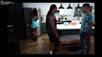 Black trio enjoys steamy kitchen fuck and cums together