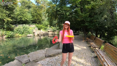 Steamy ginger slut gives a great head outdorr and then she gets her pussy stuffed in bed