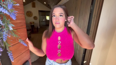 Young and busty cutie comes round to horny dude and takes his big cock