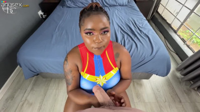 Seeing such a sexy ebony superheroine, the boyfriend stands no chance for her wiles