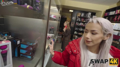 Two sexy blonde girls in pervy outfits team up for a naughty threesome while a cuck husband of one of the girls sits in a cuck chair and watches