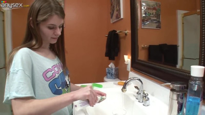 Blonde & Petite Slut's Plays with Toothbrush Solo