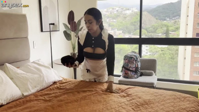 Latina maid gets her tight anal destroyed by a boss on the bed