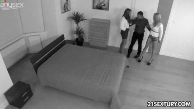 Two babes fondle each other and dude fucks their sweet holes